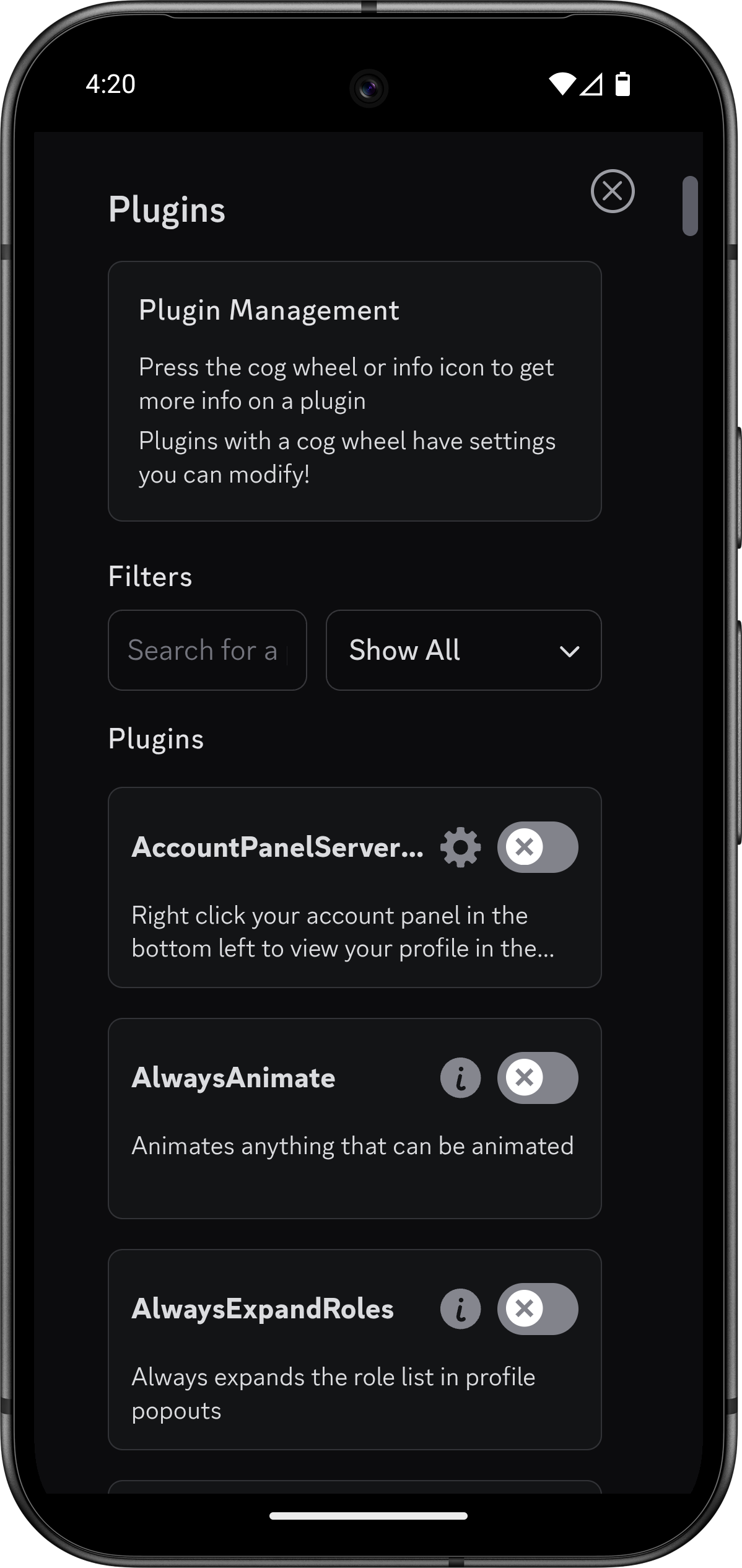 Screenshot of VendroidEnhanced showcasing Vencord Settings on a Pixel 6 Pro